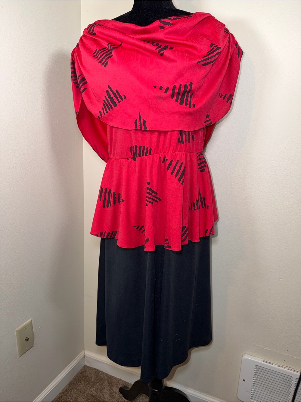 Vintage 80’s Jackie O! Cowl Neck Layered Draped Midi Dress Retro Classic Peplum